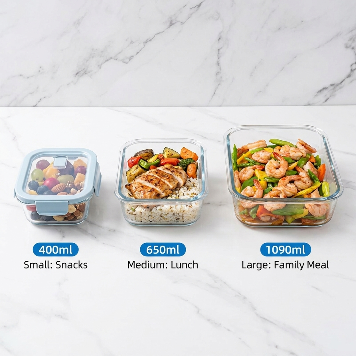 Glass Meal Prep Container - Shallow Blue Glass Bento Box–High Transparency