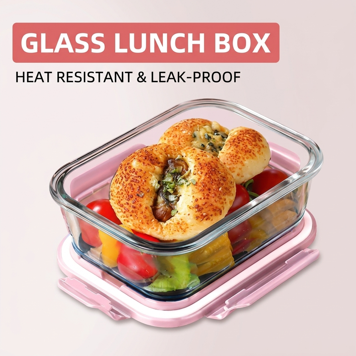 Glass Meal Prep Container - Pink Glass Bento Lunch Box,Compartments Leakproof