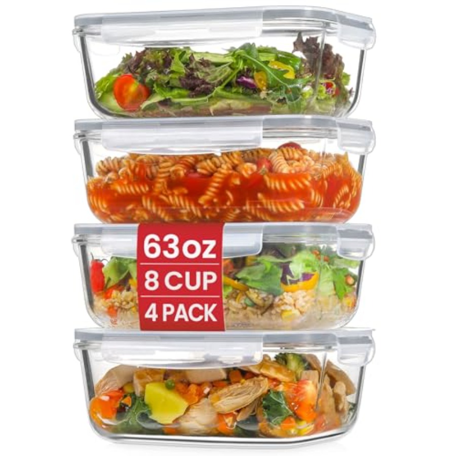 Glass Meal Prep Container - 4 Pack 8 Cups/ 63oz Large