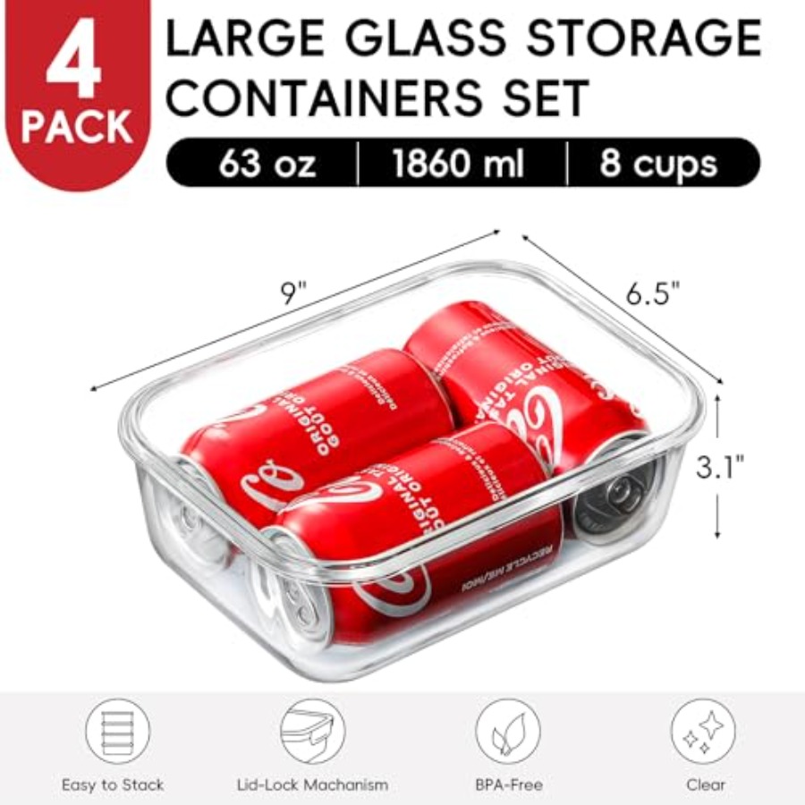 4 Pack 8 Cups/ 63oz Large Glas - огляд і ціна Glass Meal Prep Container