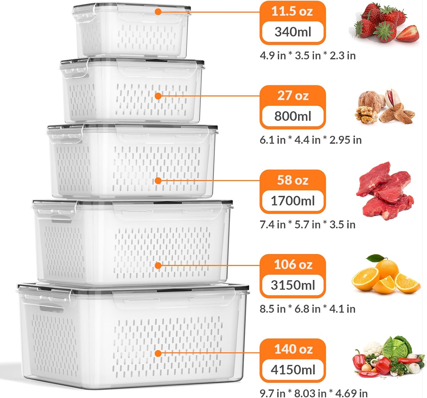 5 PCS Large Fruit Storage Cont - огляд і ціна Food Storage With Colander